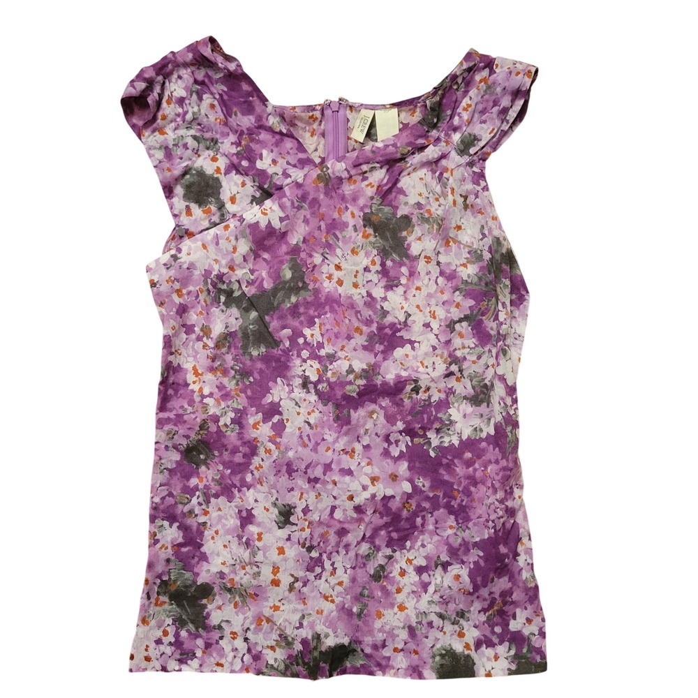 J Crew XS Blouse Purple Floral Pleated Cap Sleeve Summer Cottage Feminine